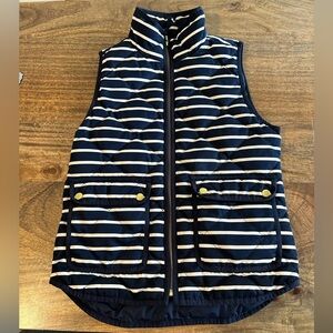 EUC** J Crew Down Filled Puffer Vest Blue Cream Striped Zip Up Women’s Size XXS
